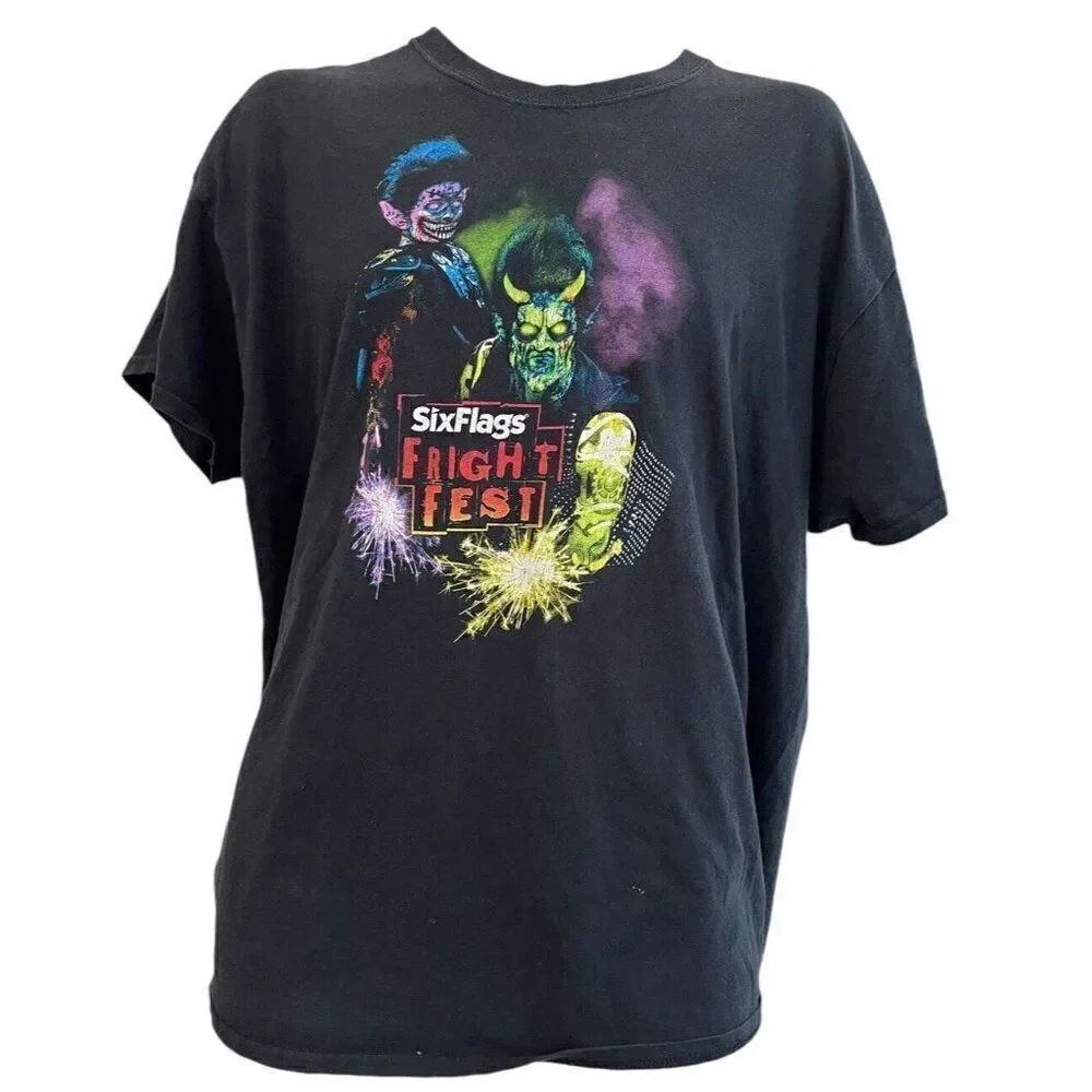 Fright Fest Six Flags Men's XL T Shirt Black Zombie Evil Bloody Scary Halloween